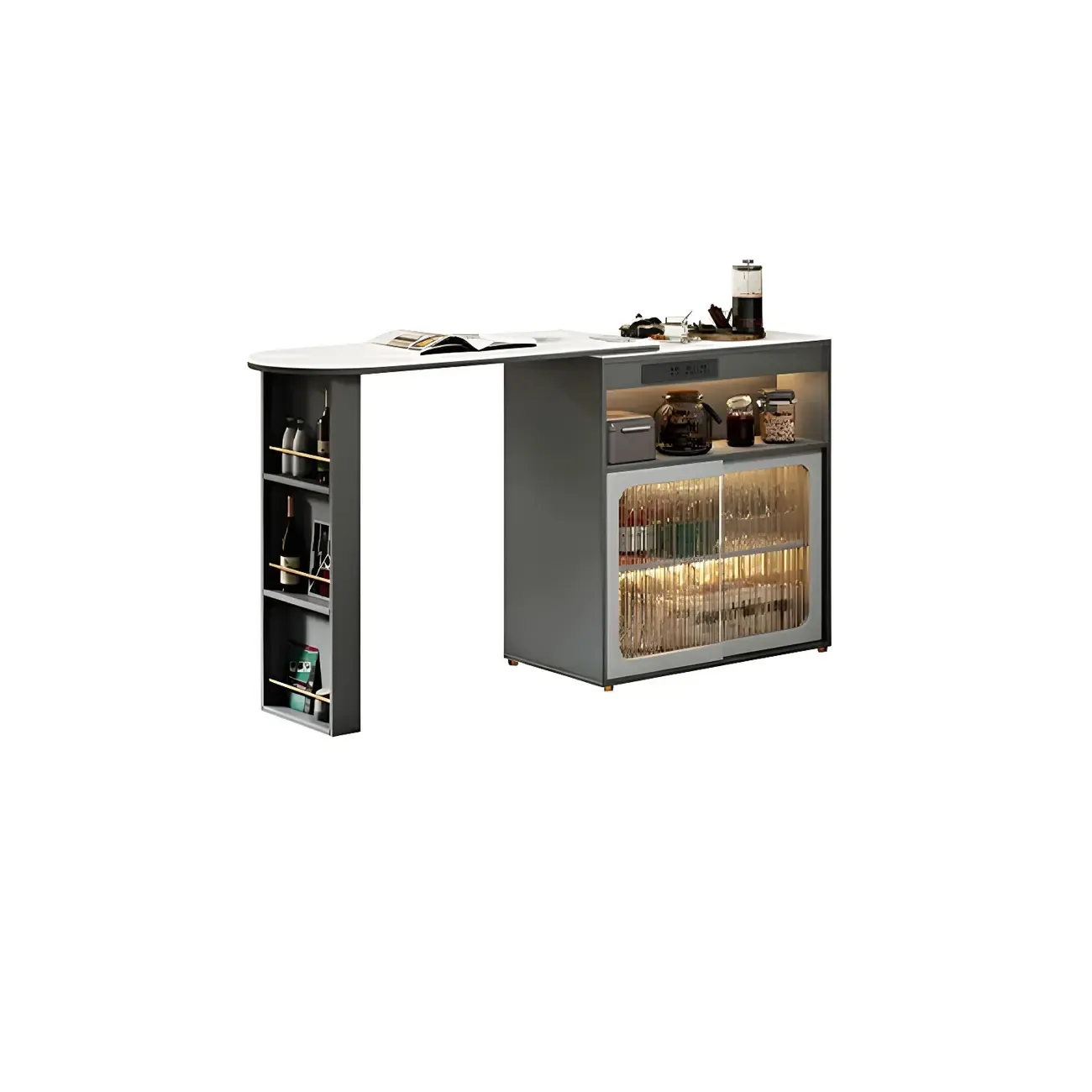 Modern Stone Bar Table with Wood Double Pedestal and Storage Image - 2