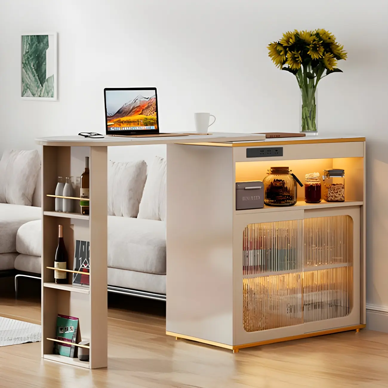 Modern Stone Bar Table with Wood Double Pedestal and Storage Image - 3 | homeyfad