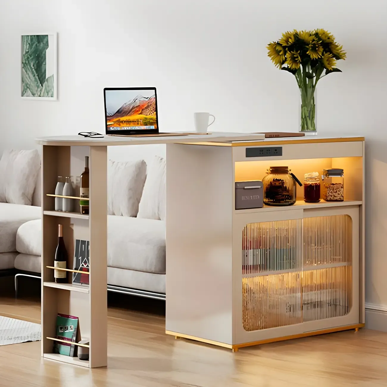 Modern Stone Bar Table with Wood Double Pedestal and Storage Image - 3