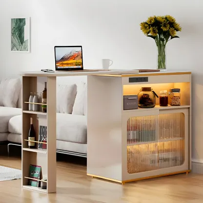 Modern Stone Bar Table with Wood Double Pedestal and Storage Image - 3