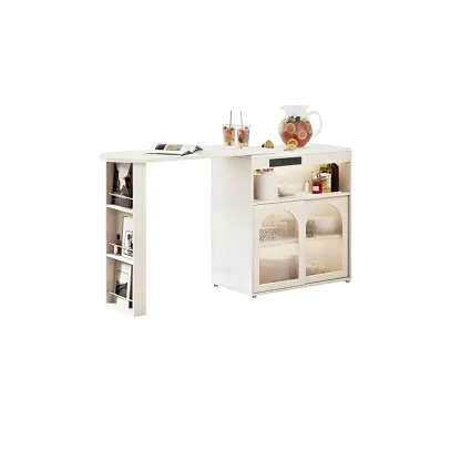 Modern Stone Bar Table with Wood Double Pedestal and Storage Image - 4