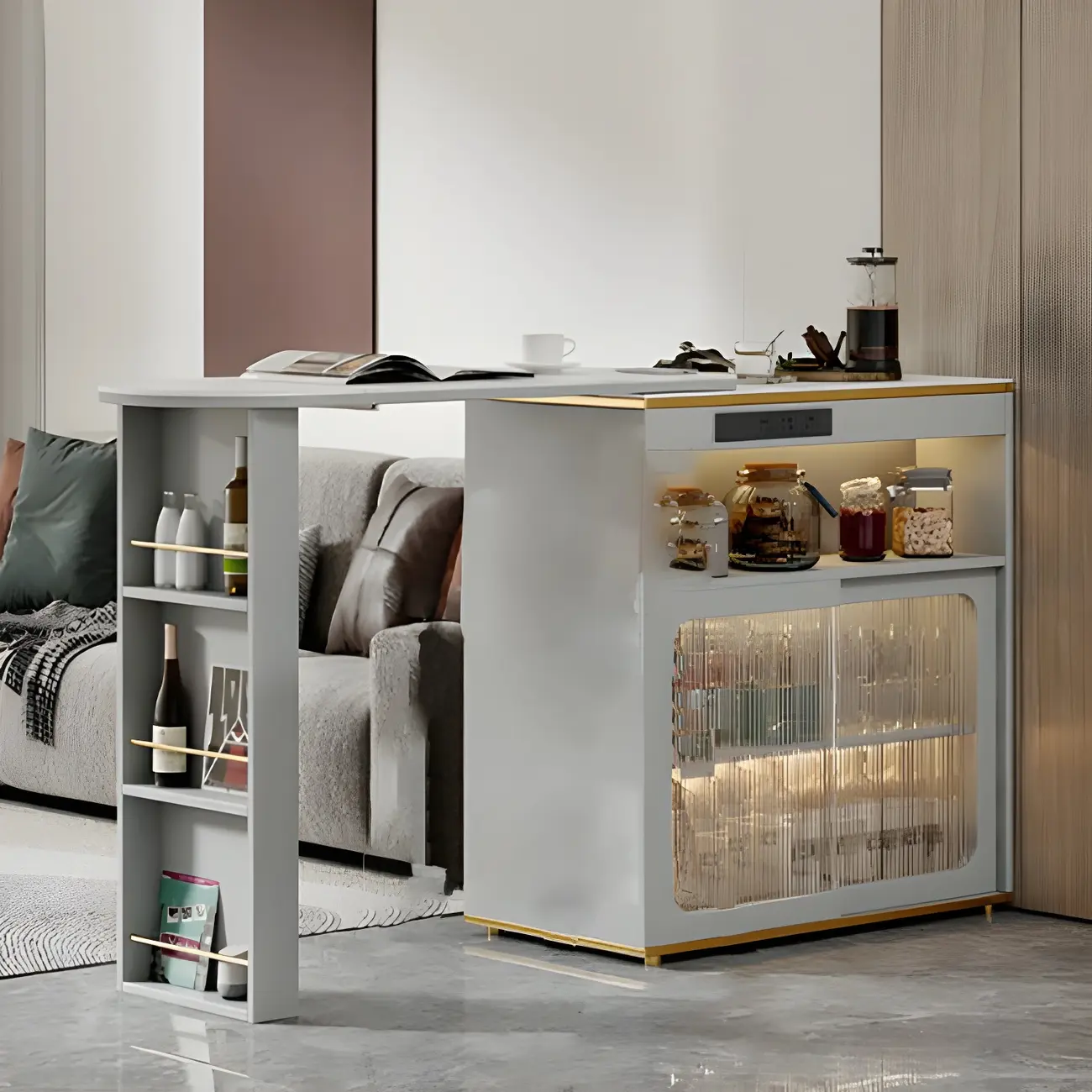 Modern Stone Bar Table with Wood Double Pedestal and Storage Image - 5 | homeyfad