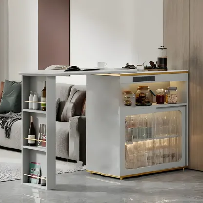 Modern Stone Bar Table with Wood Double Pedestal and Storage Image - 5