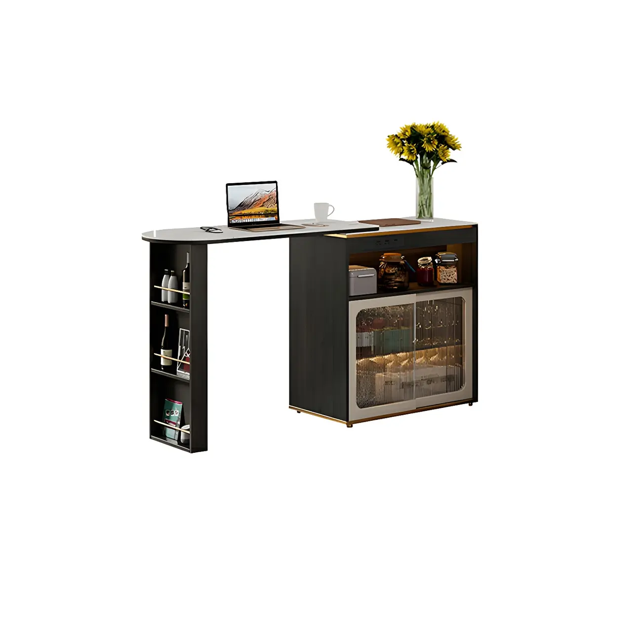 Modern Stone Bar Table with Wood Double Pedestal and Storage Image - 6 | homeyfad