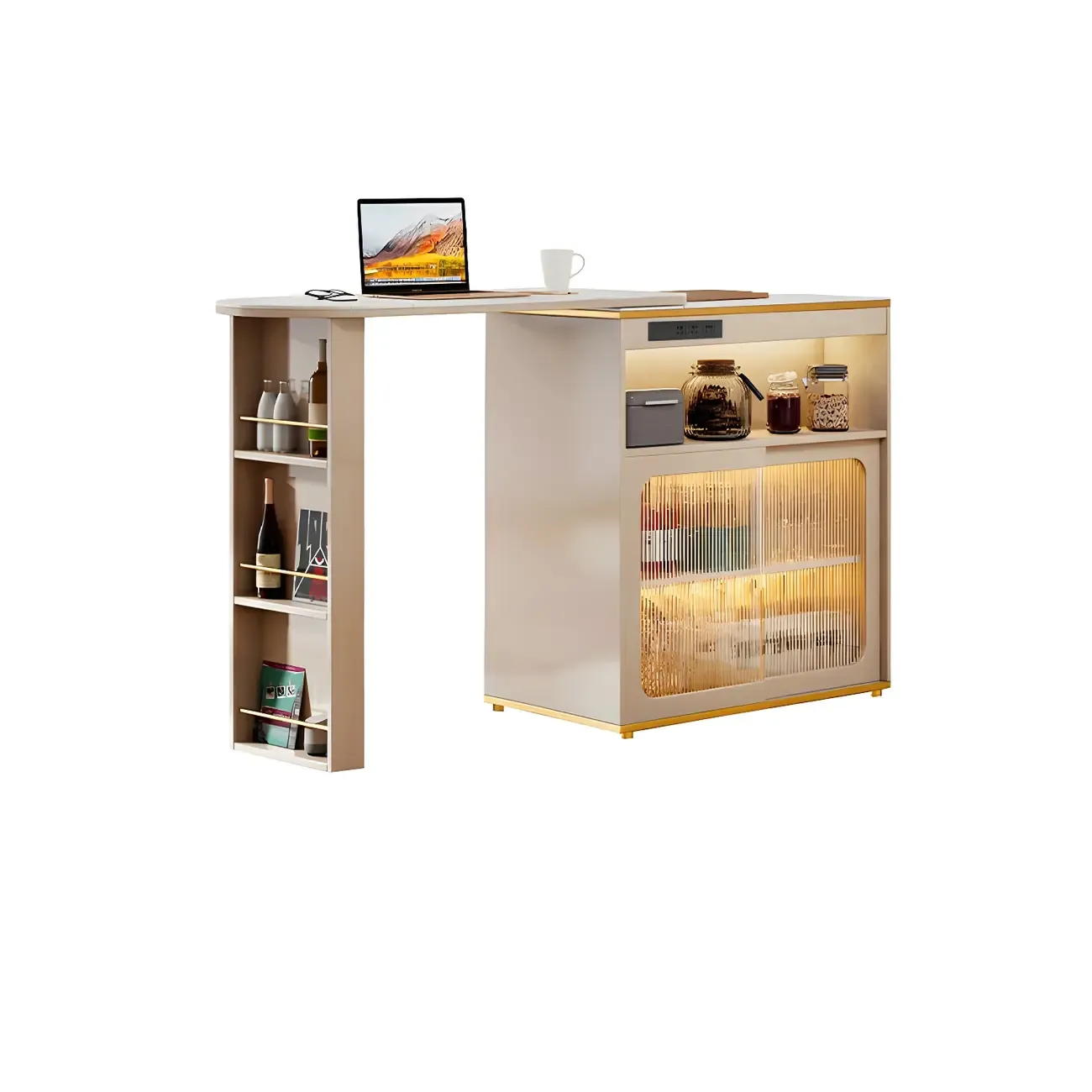 Modern Stone Bar Table with Wood Double Pedestal and Storage Image - 9