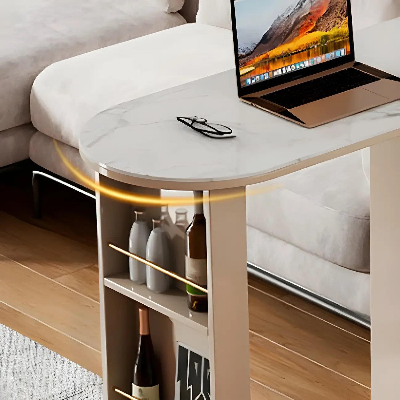 Modern Stone Bar Table with Wood Double Pedestal and Storage Image - 10 | homeyfad