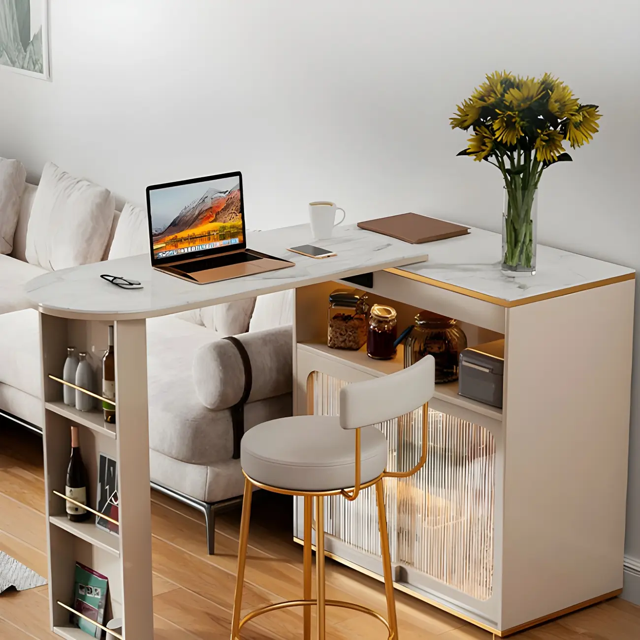 Modern Stone Bar Table with Wood Double Pedestal and Storage Image - 11 | homeyfad