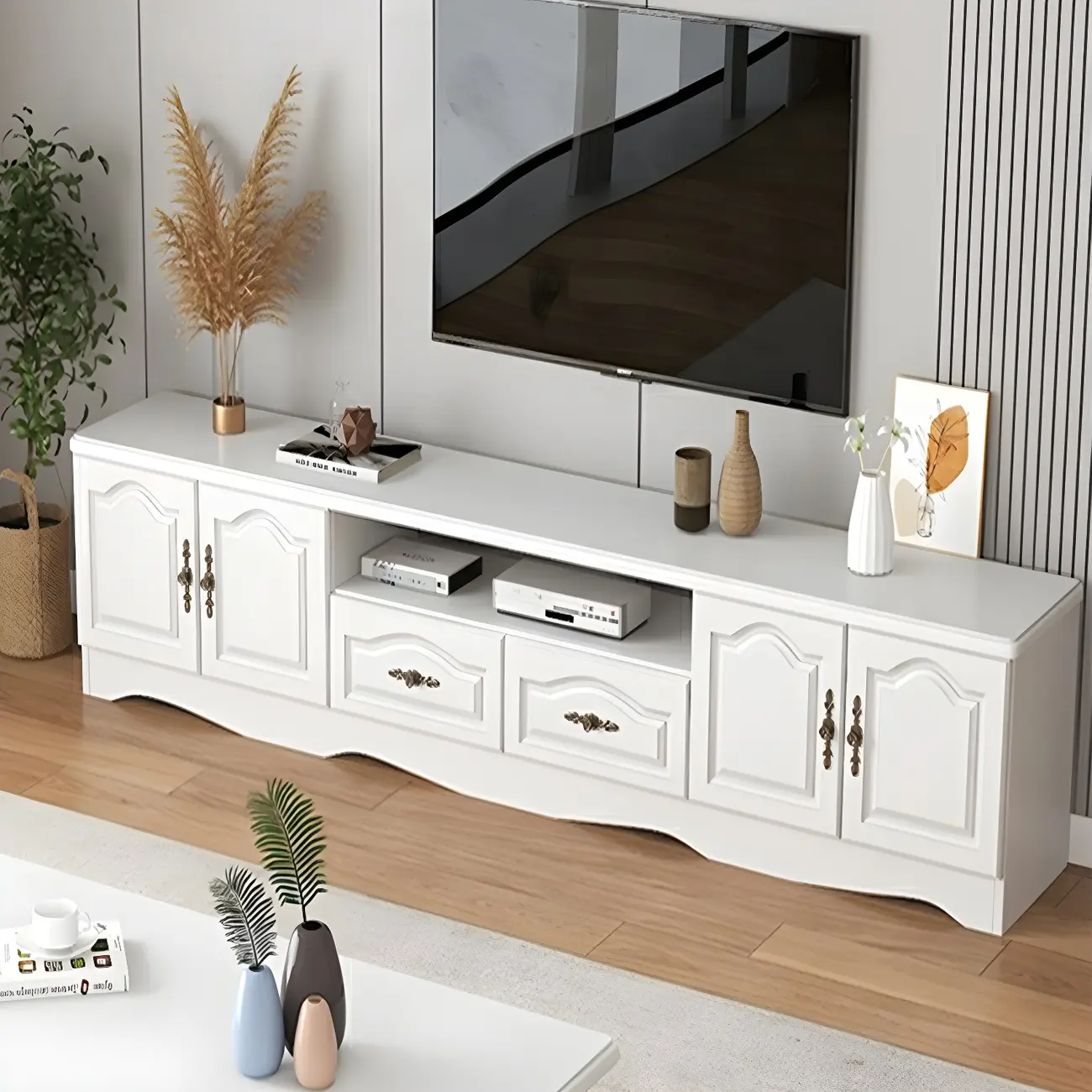 Vintage White Wooden Mueble Para TV Stand with Cabinets Image - 2 | homeyfad