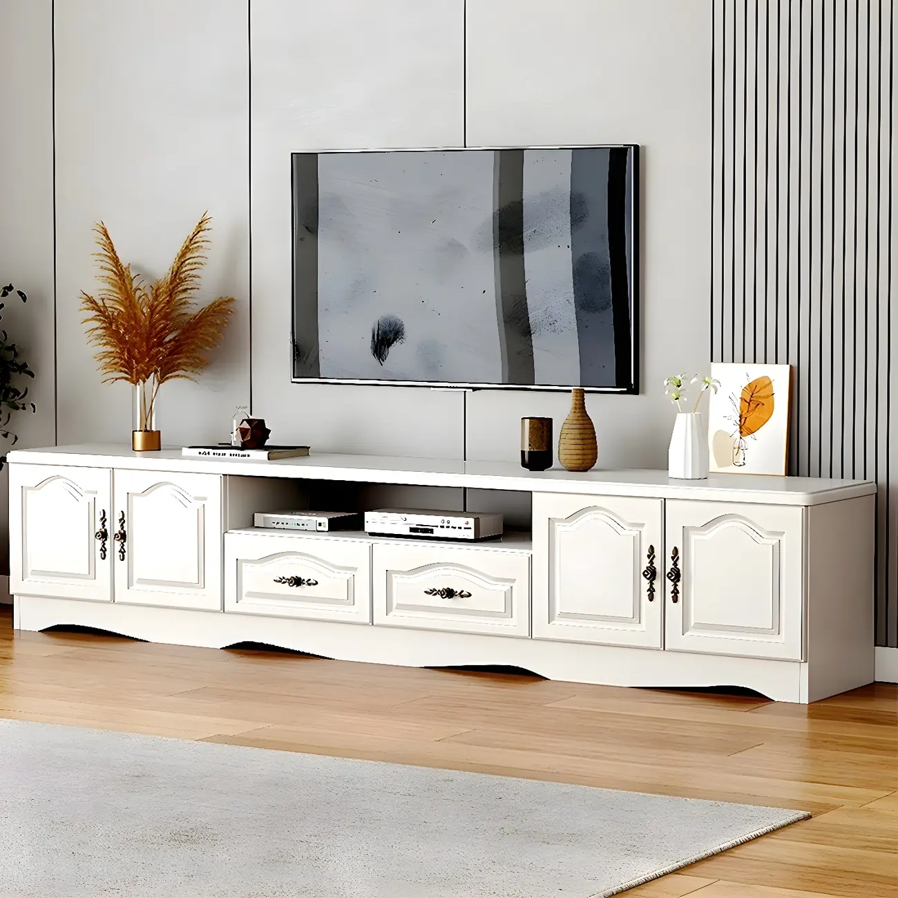 Vintage White Wooden Mueble Para TV Stand with Cabinets Image - 1 | homeyfad