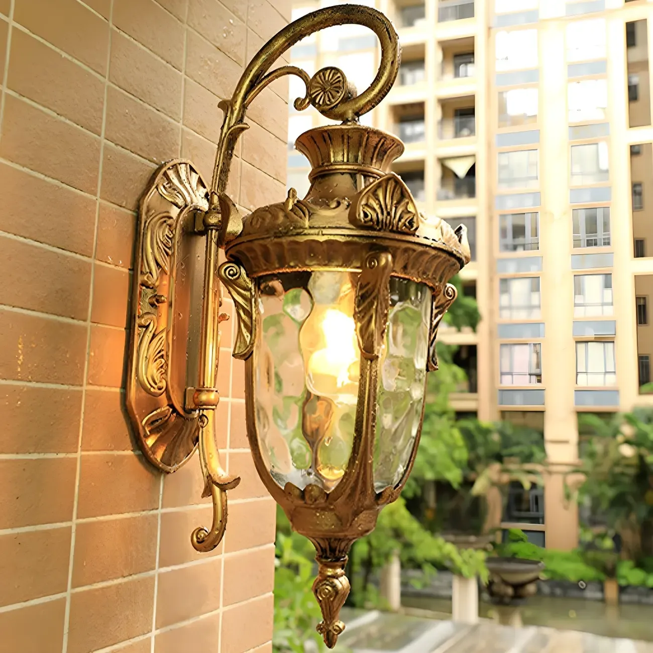 Vintage Bronze Water Ripple Glass Outdoor Wall Lantern Light 