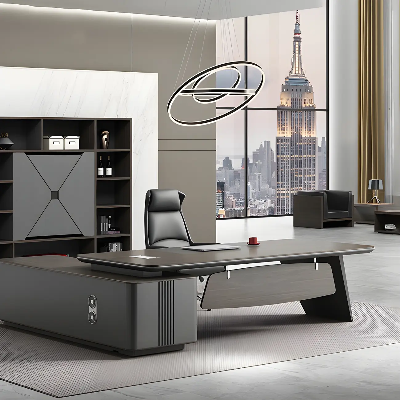 Elegant Black Wooden L-Shape Standing Desk with Shelving Image - 1 | homeyfad