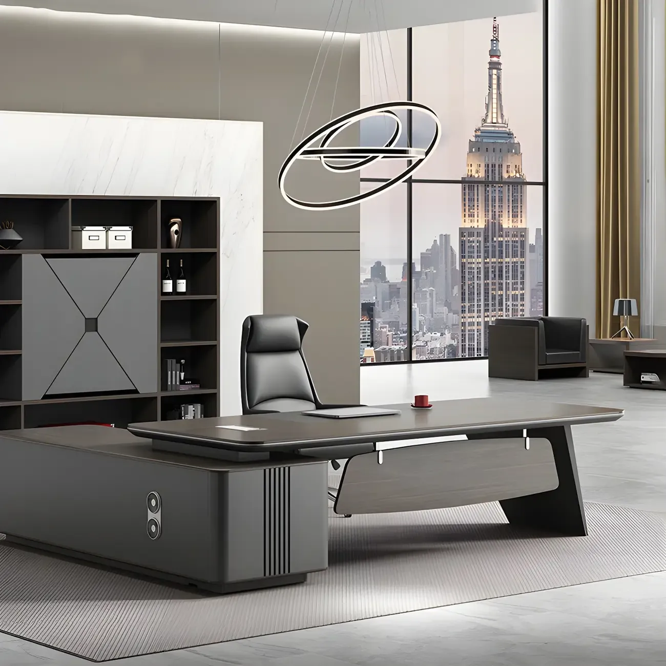Elegant Black Wooden L-Shape Standing Desk with Shelving Image - 1