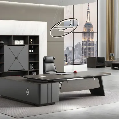 Elegant Black Wooden L-Shape Standing Desk with Shelving Image - 1