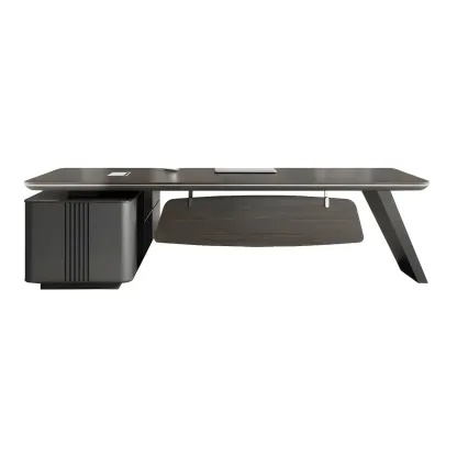 Elegant Black Wooden L-Shape Standing Desk with Shelving Image - 4