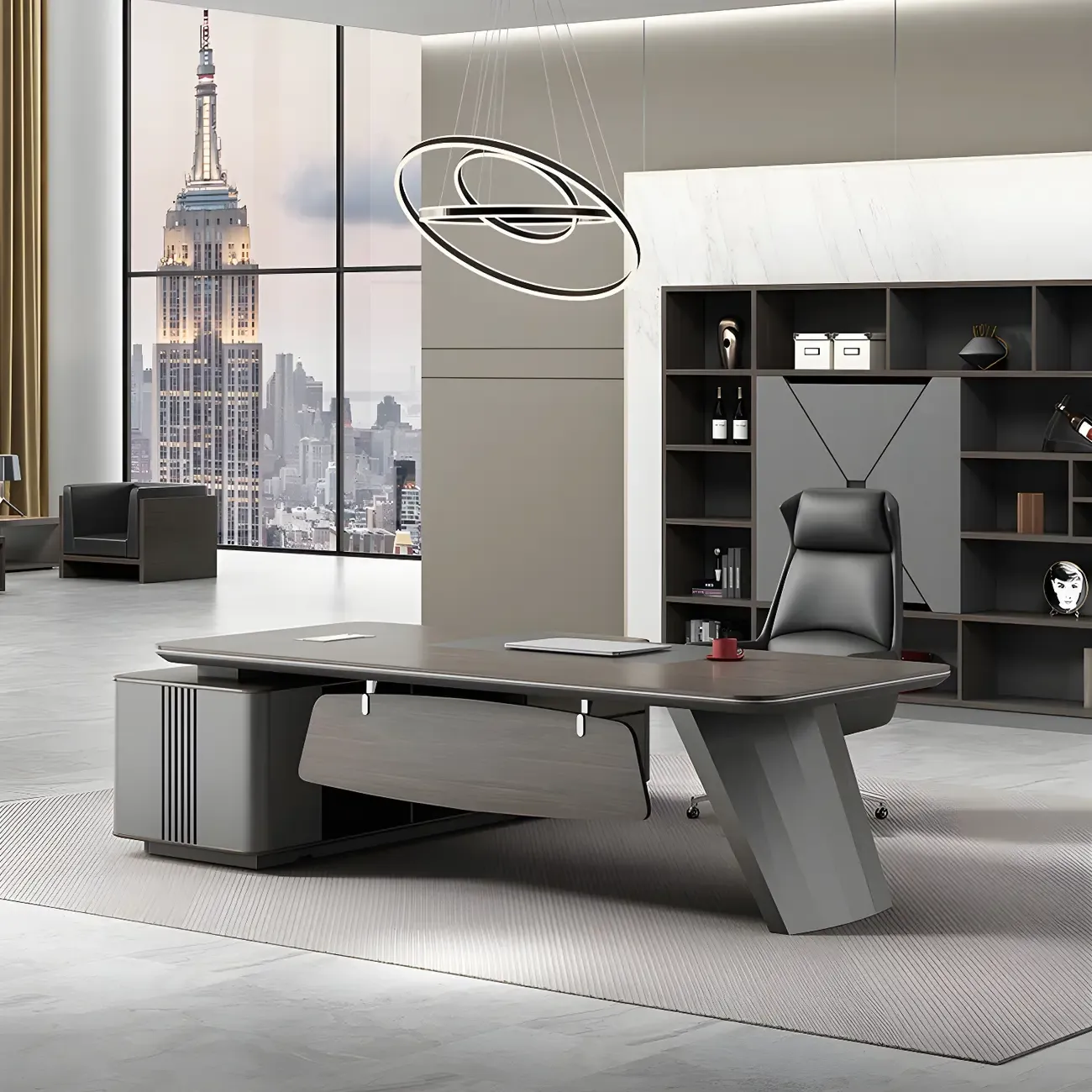 Elegant Black Wooden L-Shape Standing Desk with Shelving Image - 6