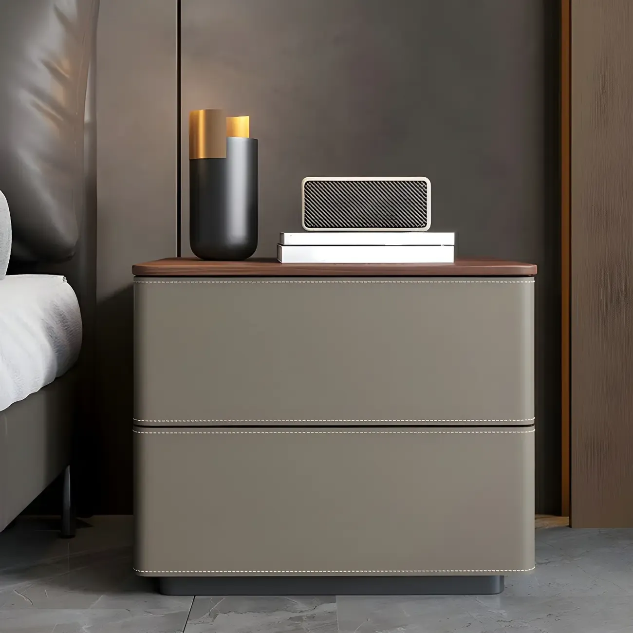 Modern Faux Leather Wood Top Drawers Nightstand Image - 1