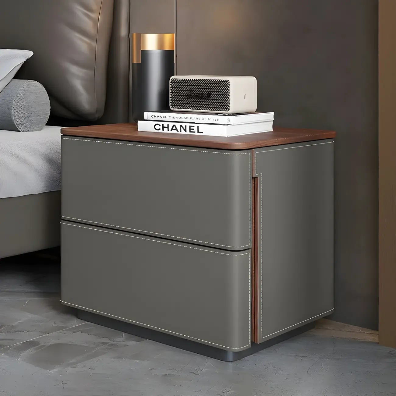 Modern Faux Leather Wood Top Drawers Nightstand Image - 2