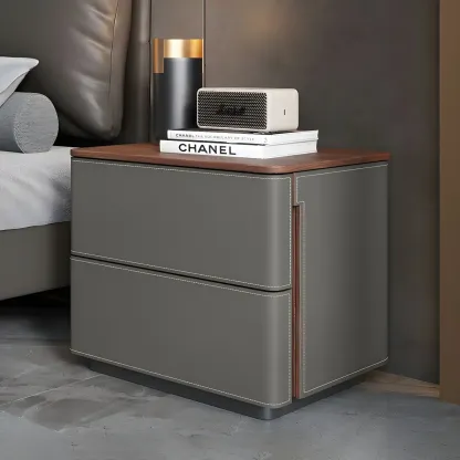 Modern Faux Leather Wood Top Drawers Nightstand Image - 2