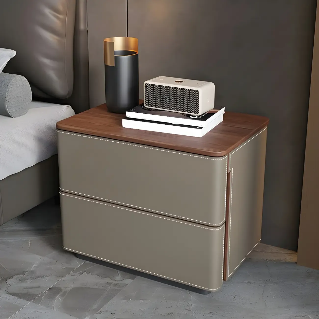 Modern Faux Leather Wood Top Drawers Nightstand Image - 3