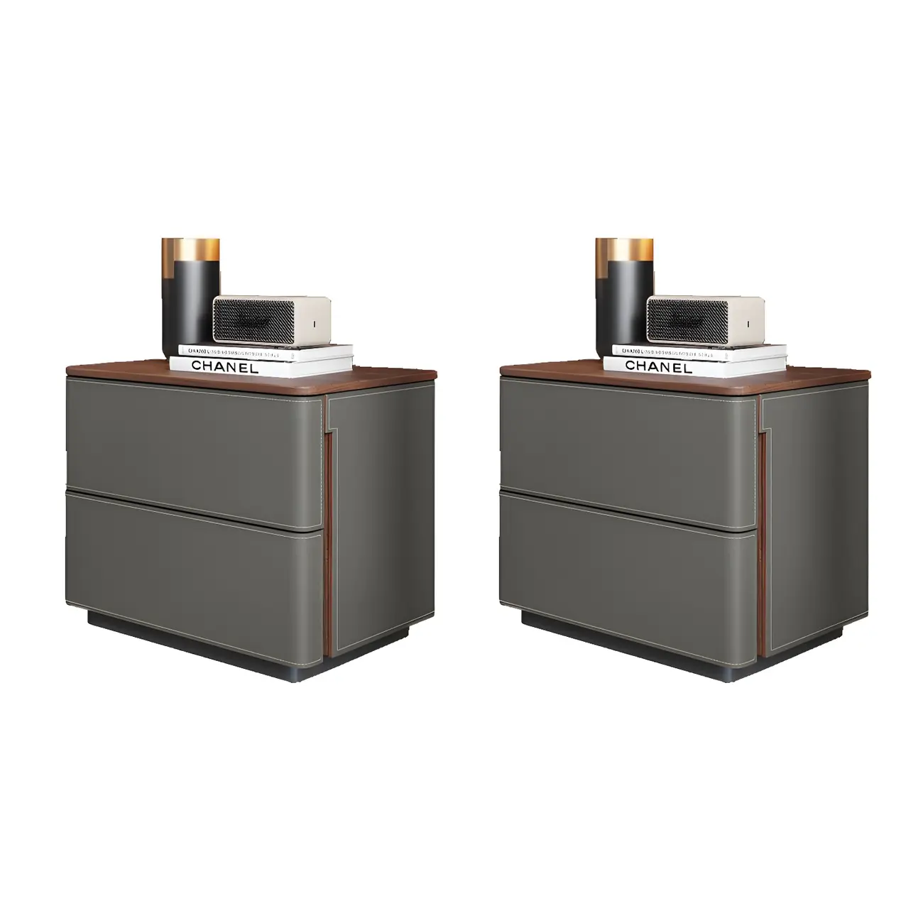 Modern Faux Leather Wood Top Drawers Nightstand Image - 4 | homeyfad