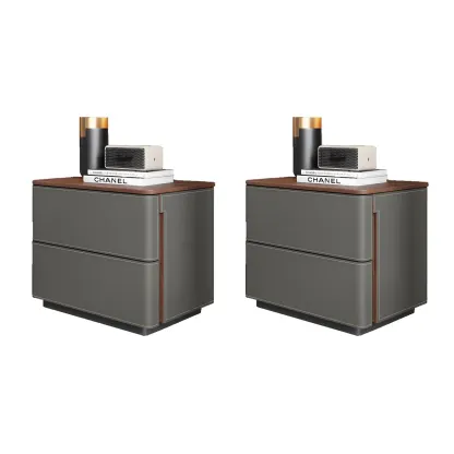 Modern Faux Leather Wood Top Drawers Nightstand Image - 4