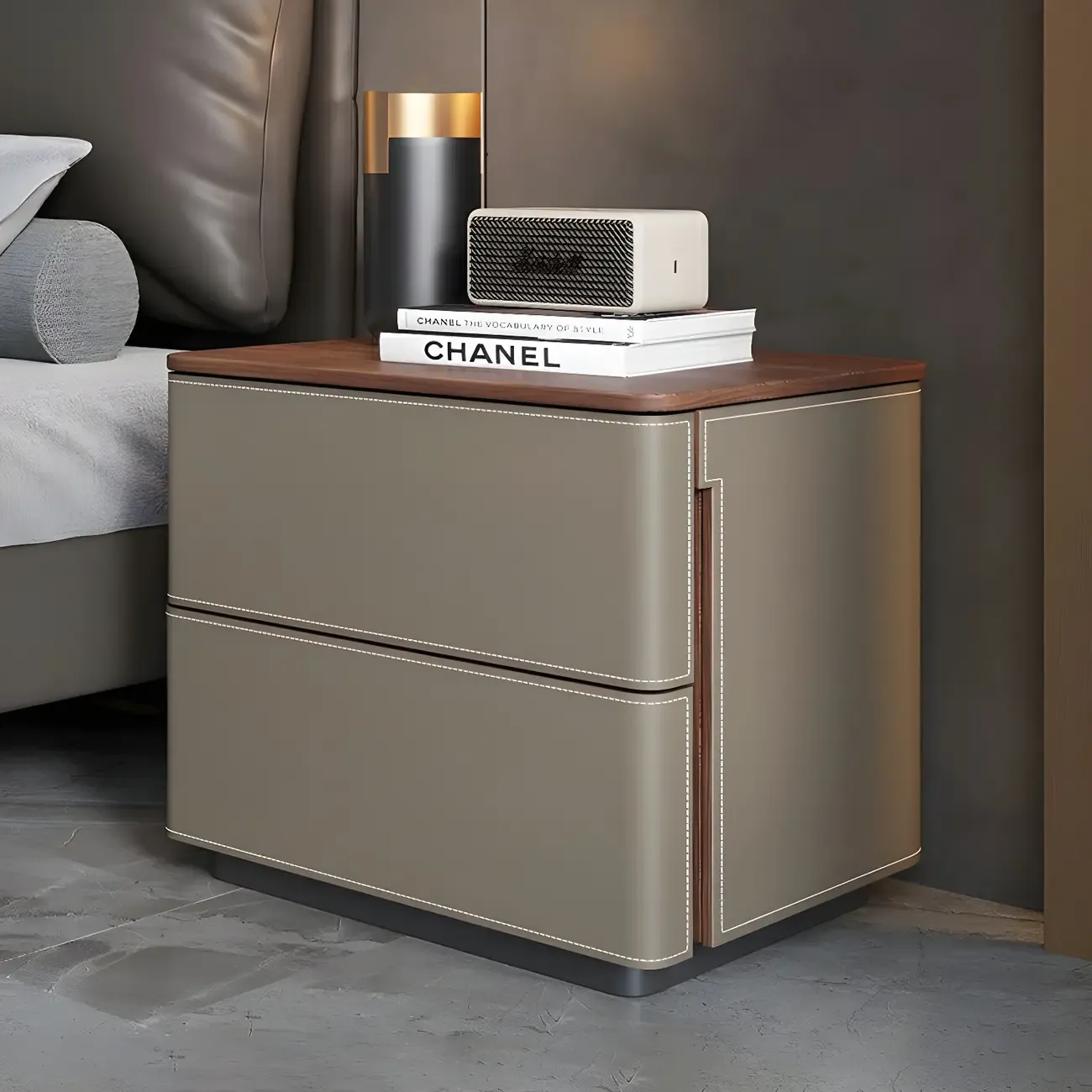 Modern Faux Leather Wood Top Drawers Nightstand Image - 5
