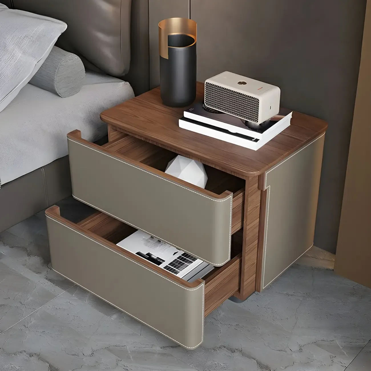 Modern Faux Leather Wood Top Drawers Nightstand Image - 6
