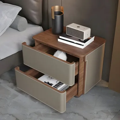 Modern Faux Leather Wood Top Drawers Nightstand Image - 6