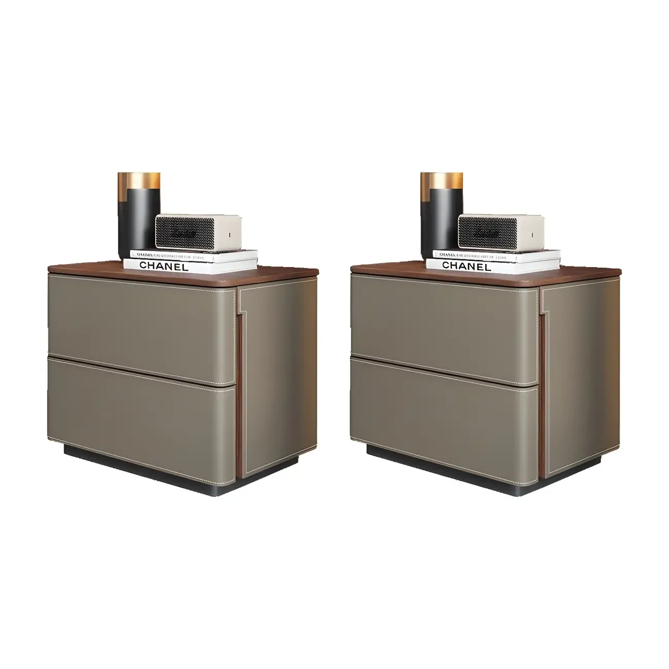 Modern Faux Leather Wood Top Drawers Nightstand Image - 7