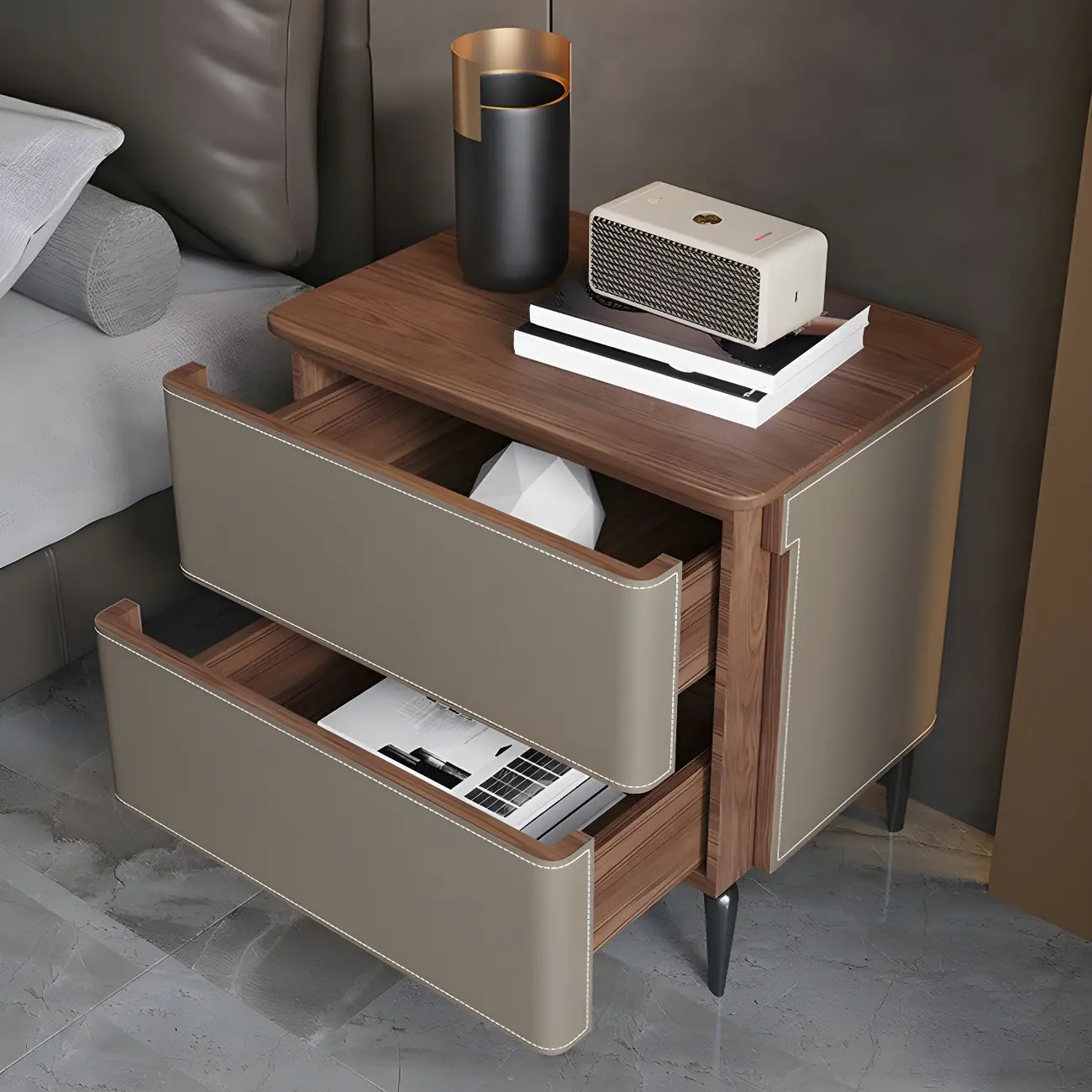Modern Faux Leather Wood Top Drawers Nightstand Image - 8 | homeyfad