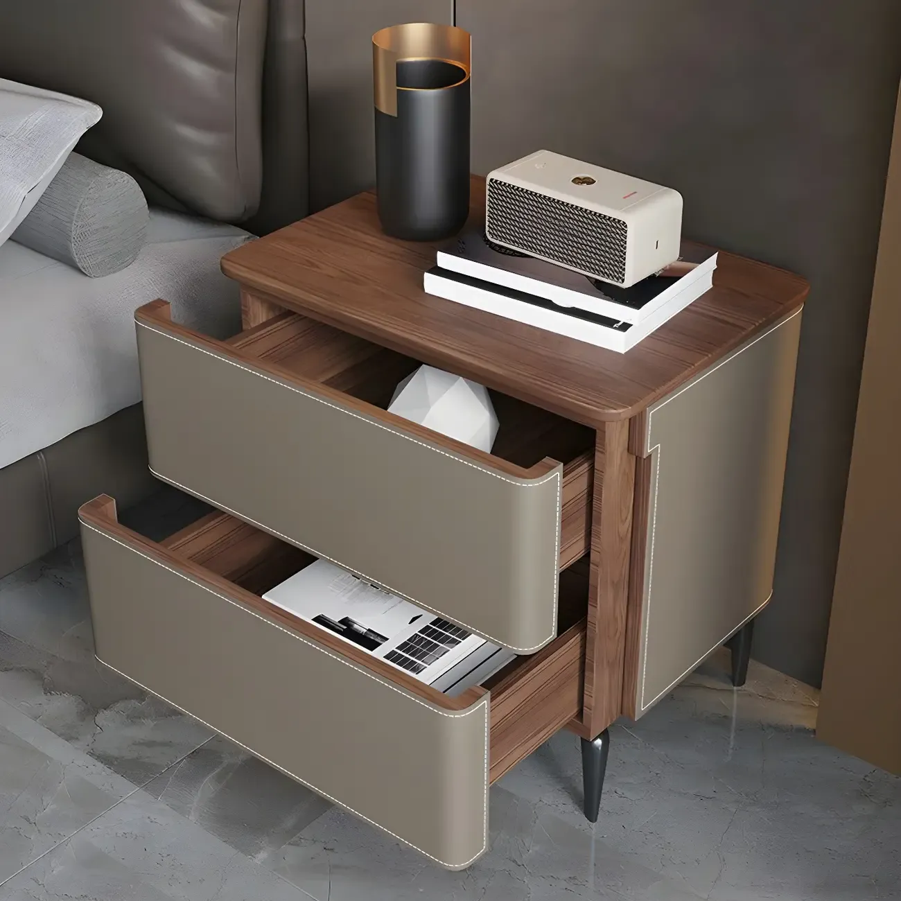 Modern Faux Leather Wood Top Drawers Nightstand Image - 8