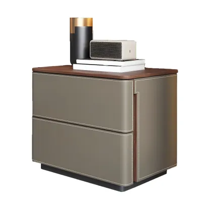 Modern Faux Leather Wood Top Drawers Nightstand Image - 9