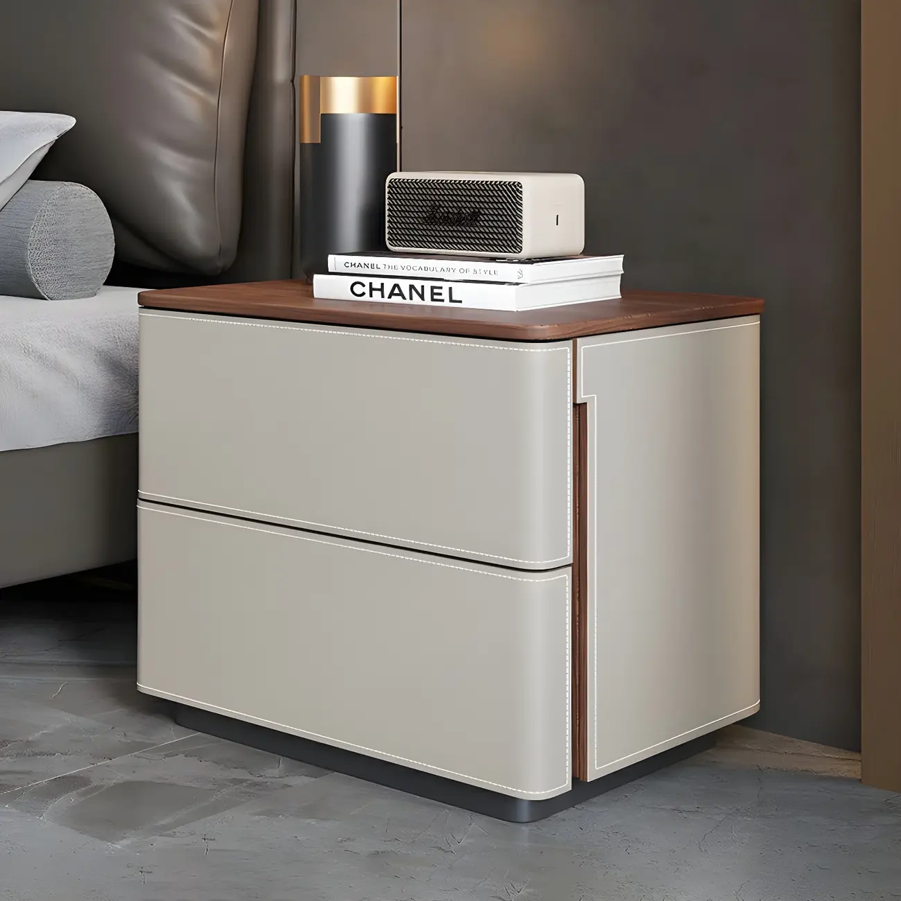 Modern Faux Leather Wood Top Drawers Nightstand Image - 10 | homeyfad