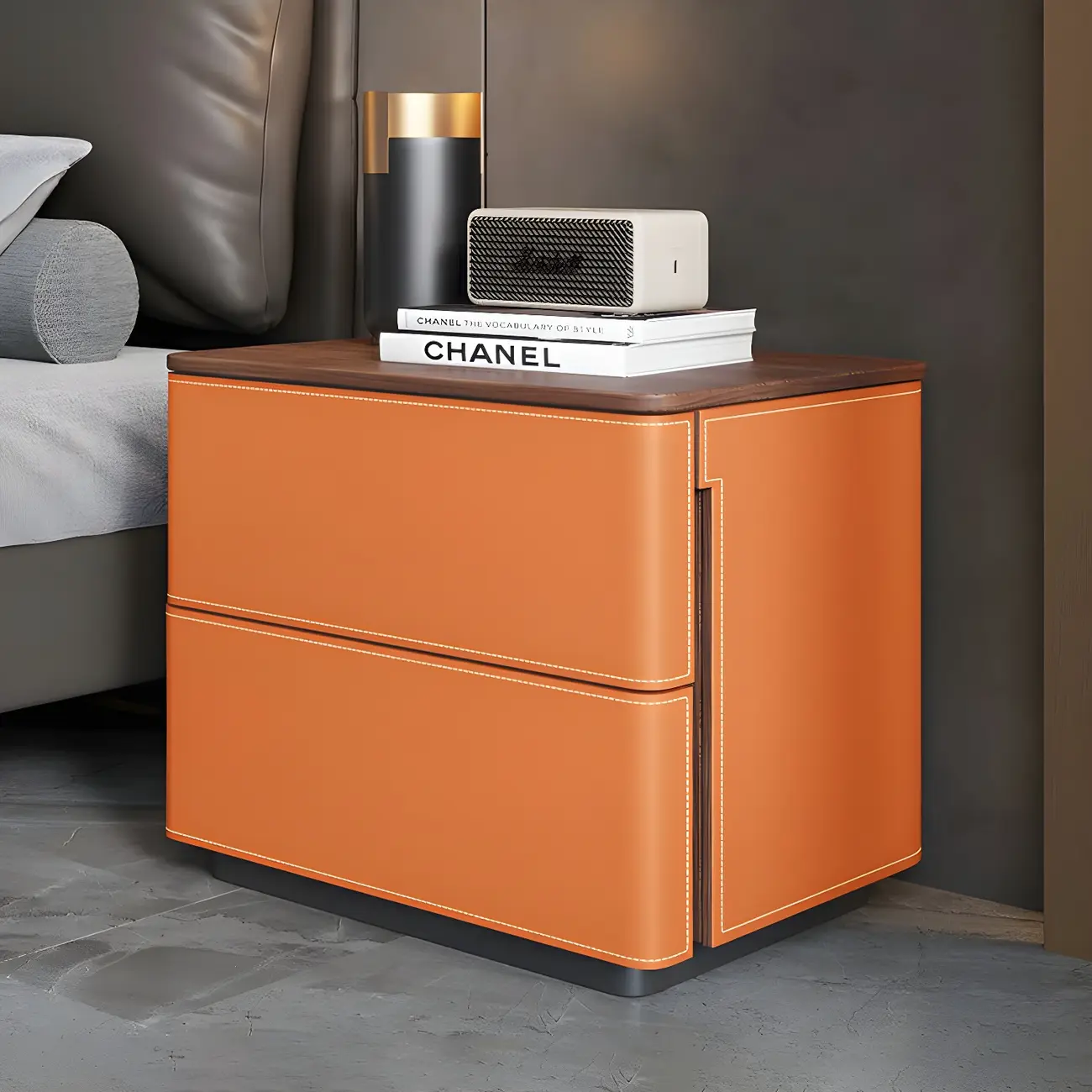 Modern Faux Leather Wood Top Drawers Nightstand Image - 14 | homeyfad