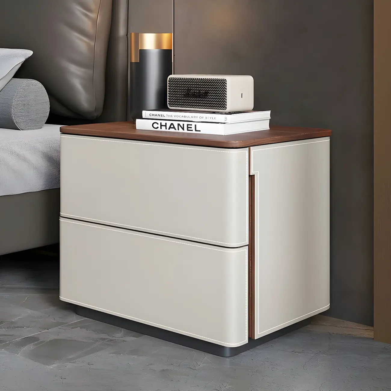 Modern Faux Leather Wood Top Drawers Nightstand Image - 17 | homeyfad