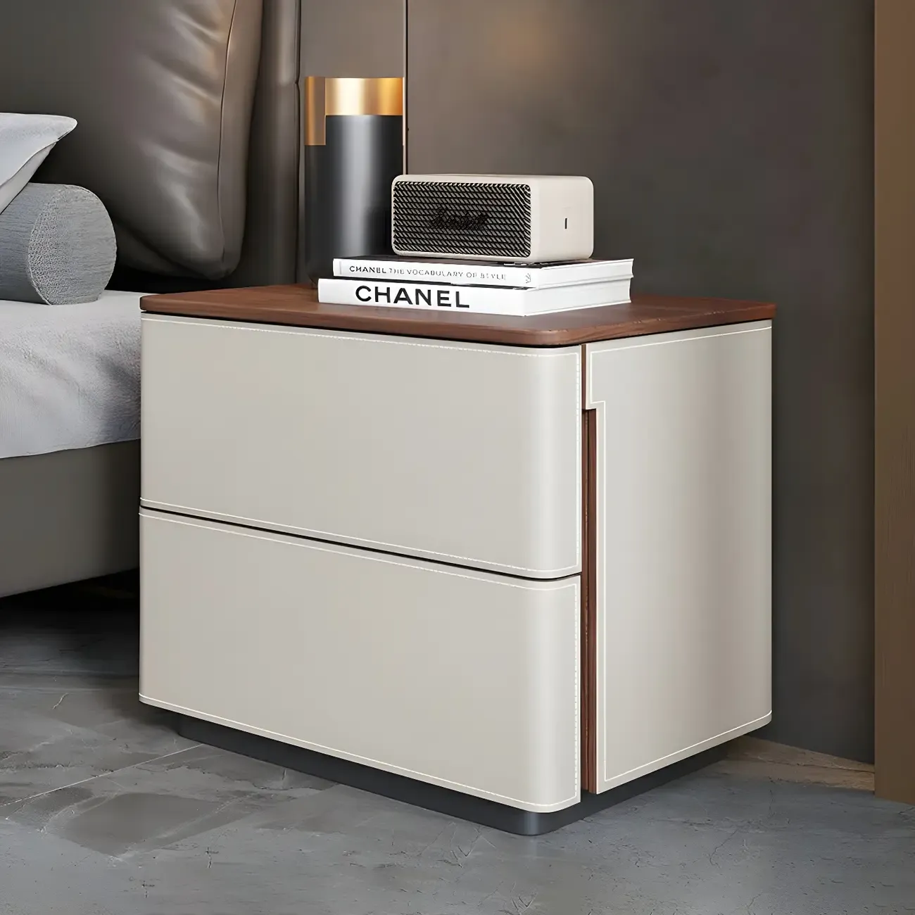 Modern Faux Leather Wood Top Drawers Nightstand Image - 17