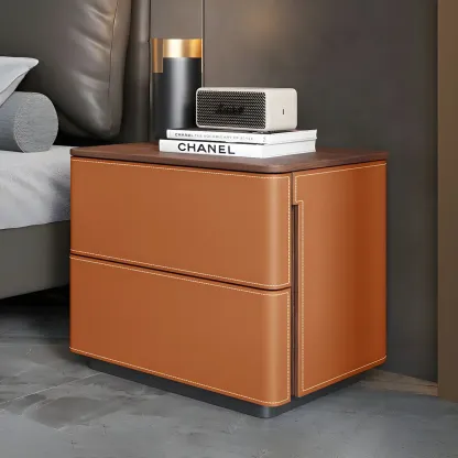 Modern Faux Leather Wood Top Drawers Nightstand Image - 19