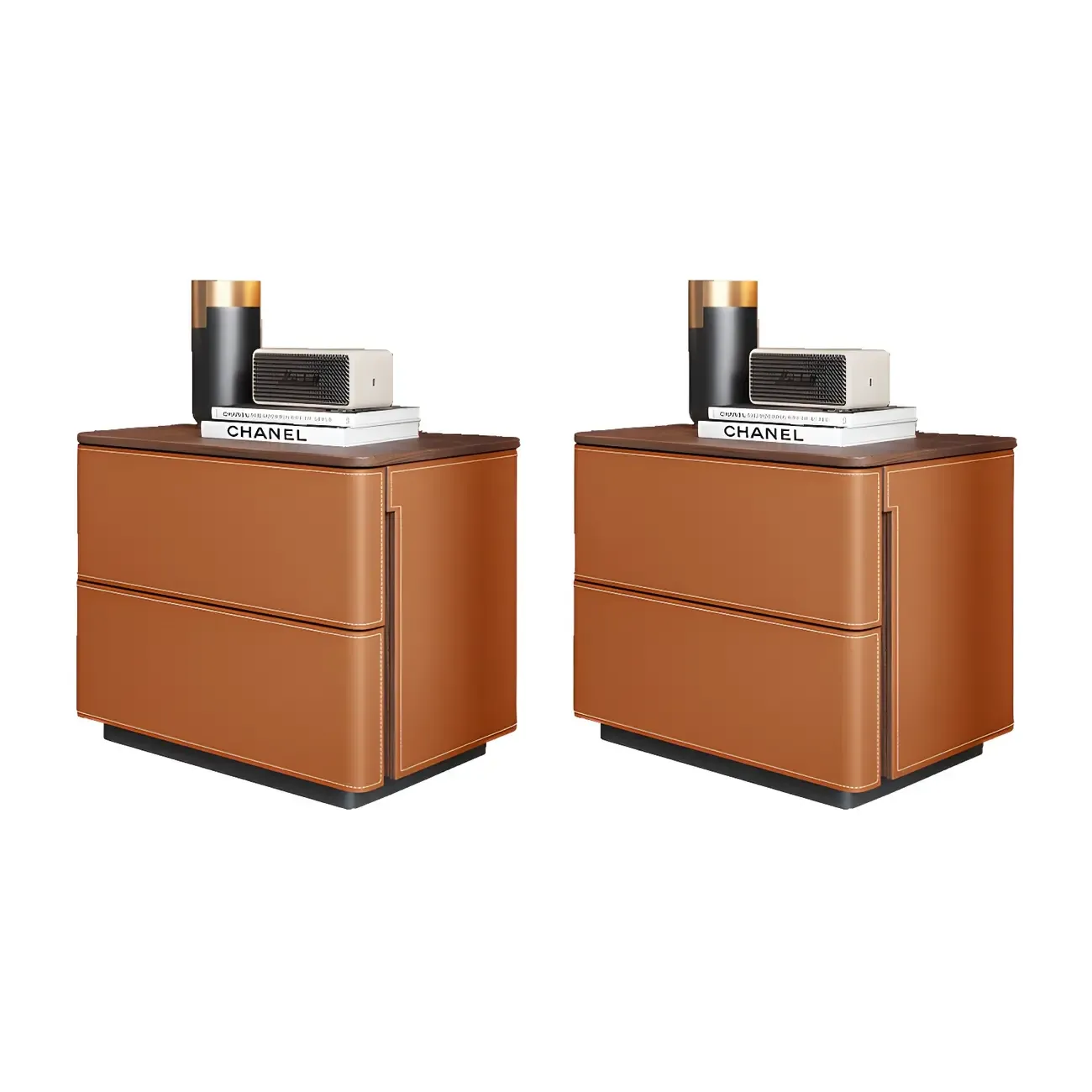 Modern Faux Leather Wood Top Drawers Nightstand Image - 20