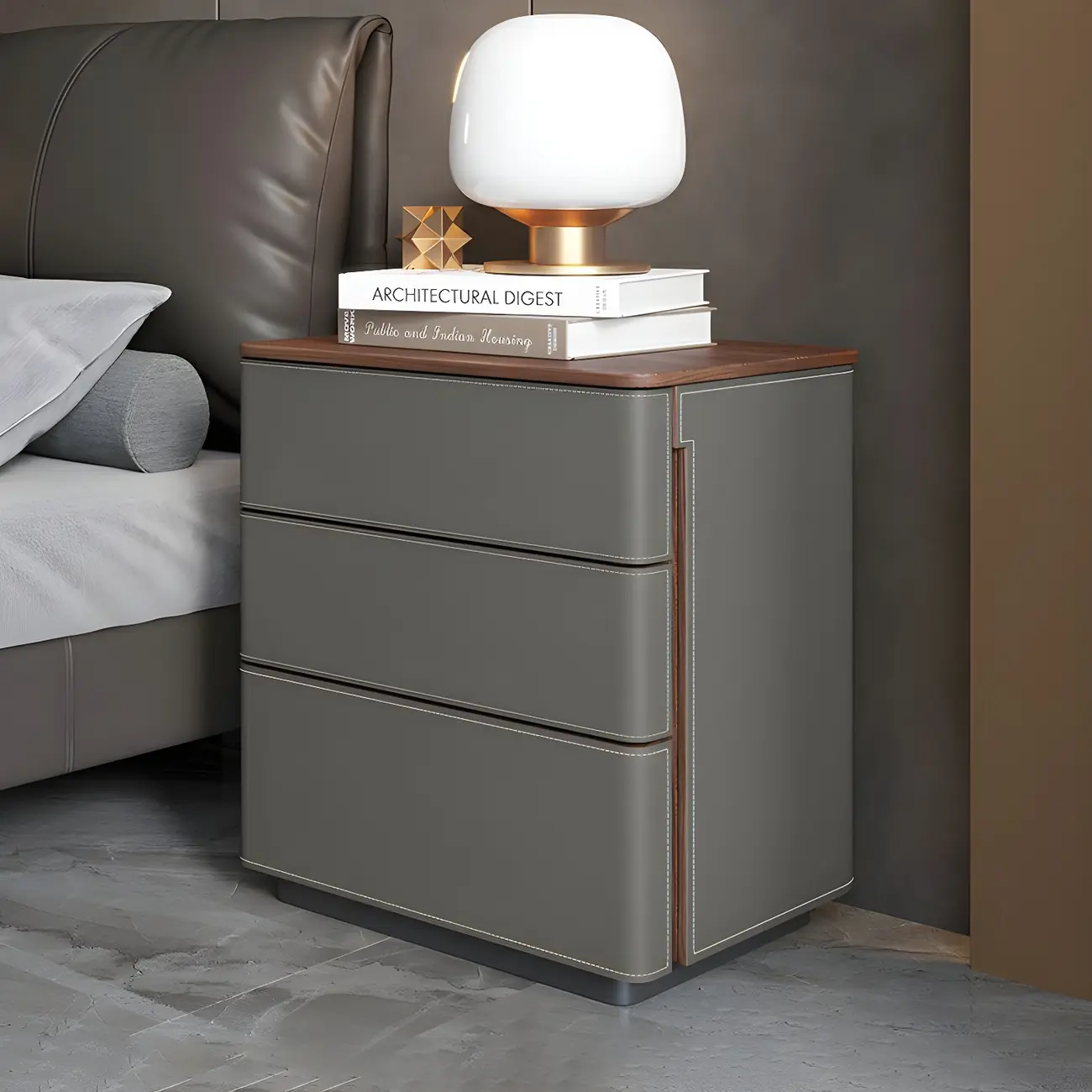 Modern Faux Leather Wood Top Drawers Nightstand Image - 21 | homeyfad