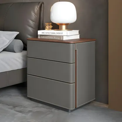 Modern Faux Leather Wood Top Drawers Nightstand Image - 21