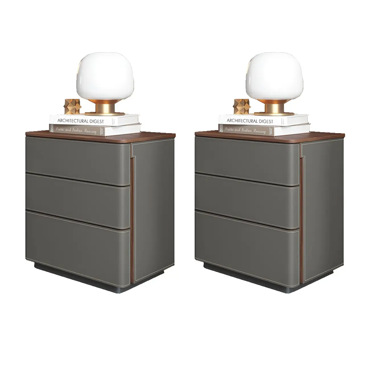 Modern Faux Leather Wood Top Drawers Nightstand Image - 22