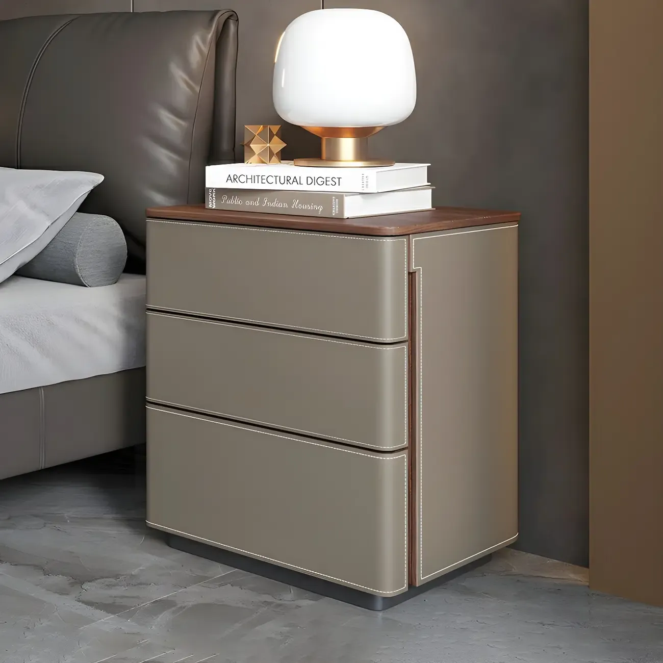 Modern Faux Leather Wood Top Drawers Nightstand Image - 23