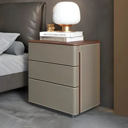 Modern Faux Leather Wood Top Drawers Nightstand Image - 23