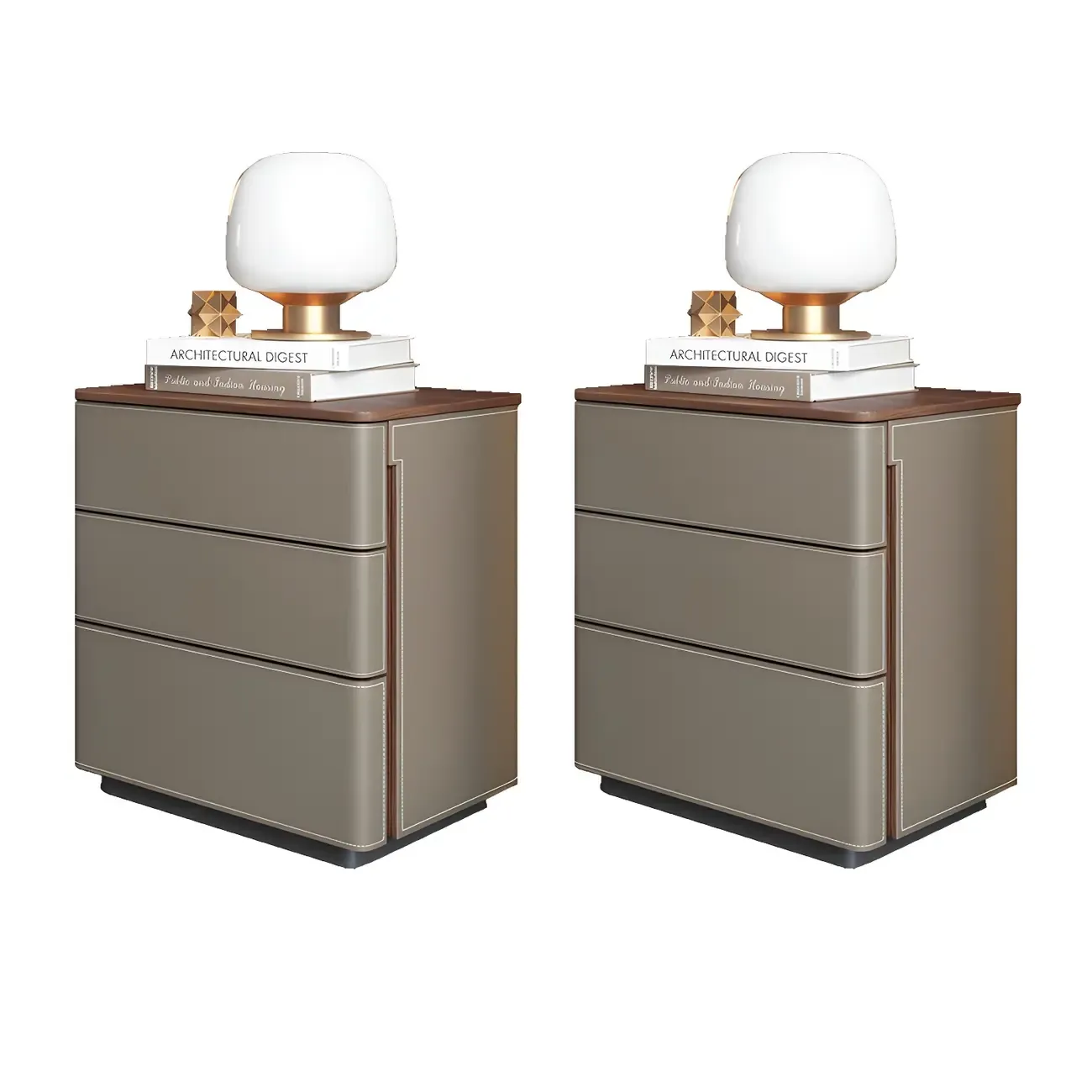 Modern Faux Leather Wood Top Drawers Nightstand Image - 24