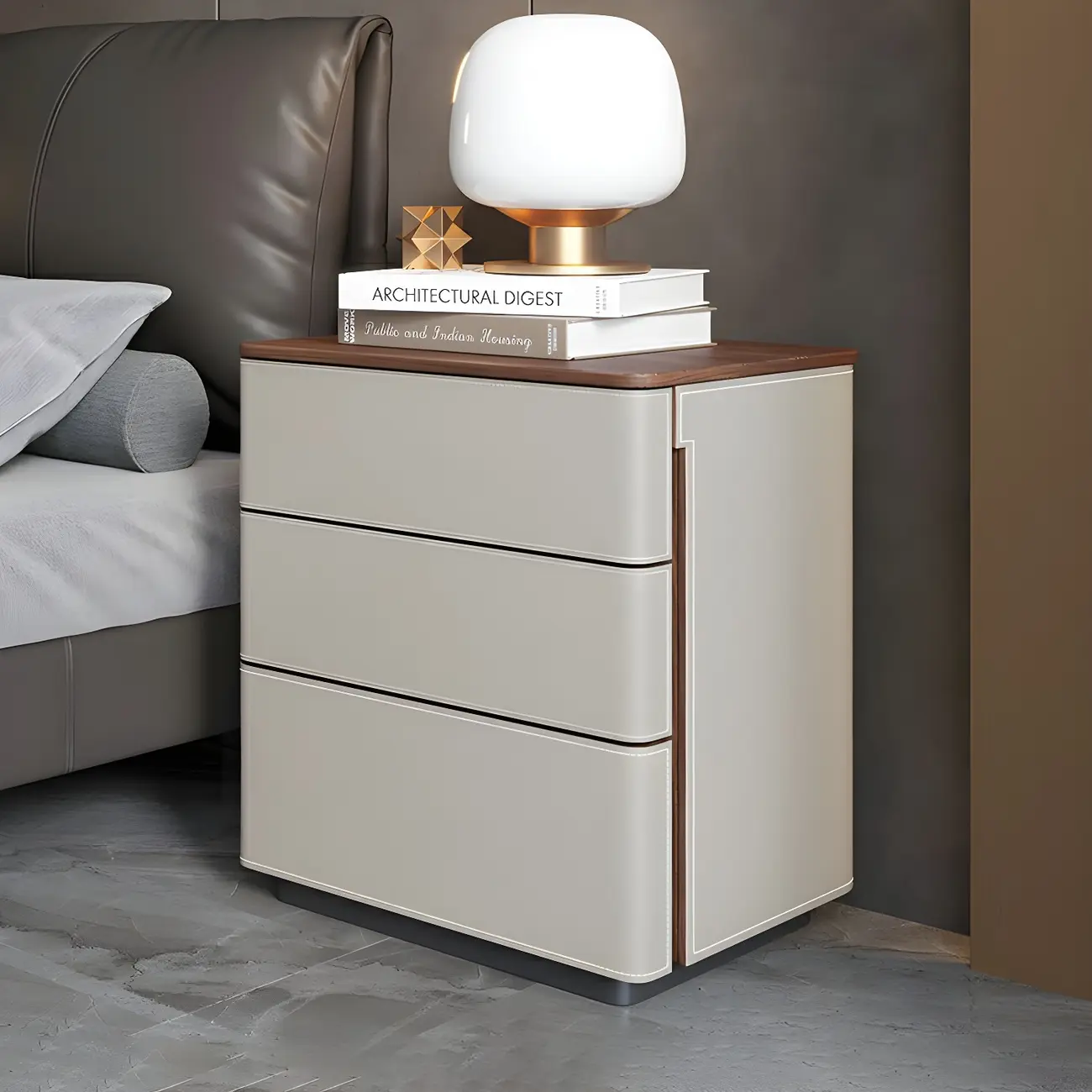 Modern Faux Leather Wood Top Drawers Nightstand Image - 25 | homeyfad