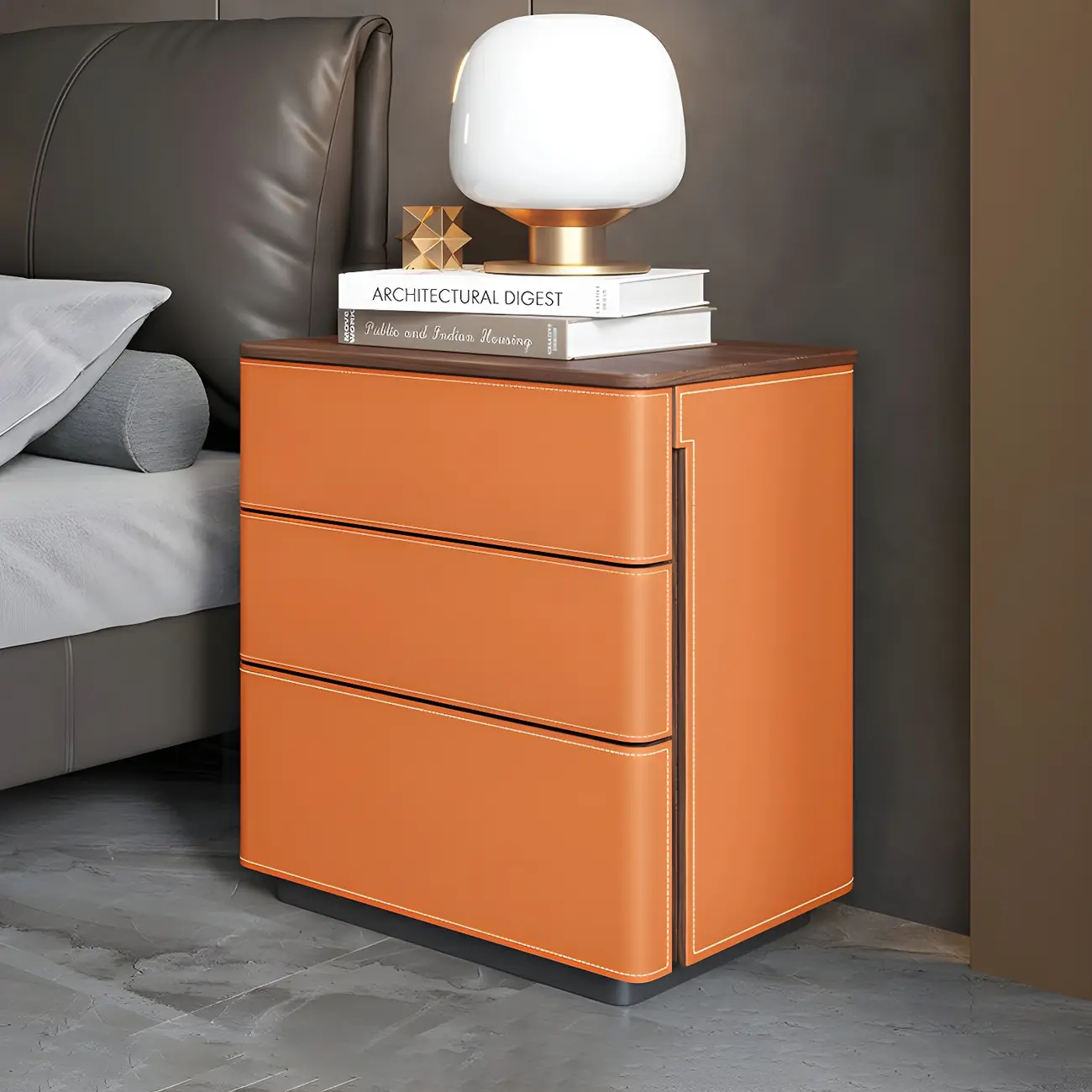 Modern Faux Leather Wood Top Drawers Nightstand Image - 27 | homeyfad