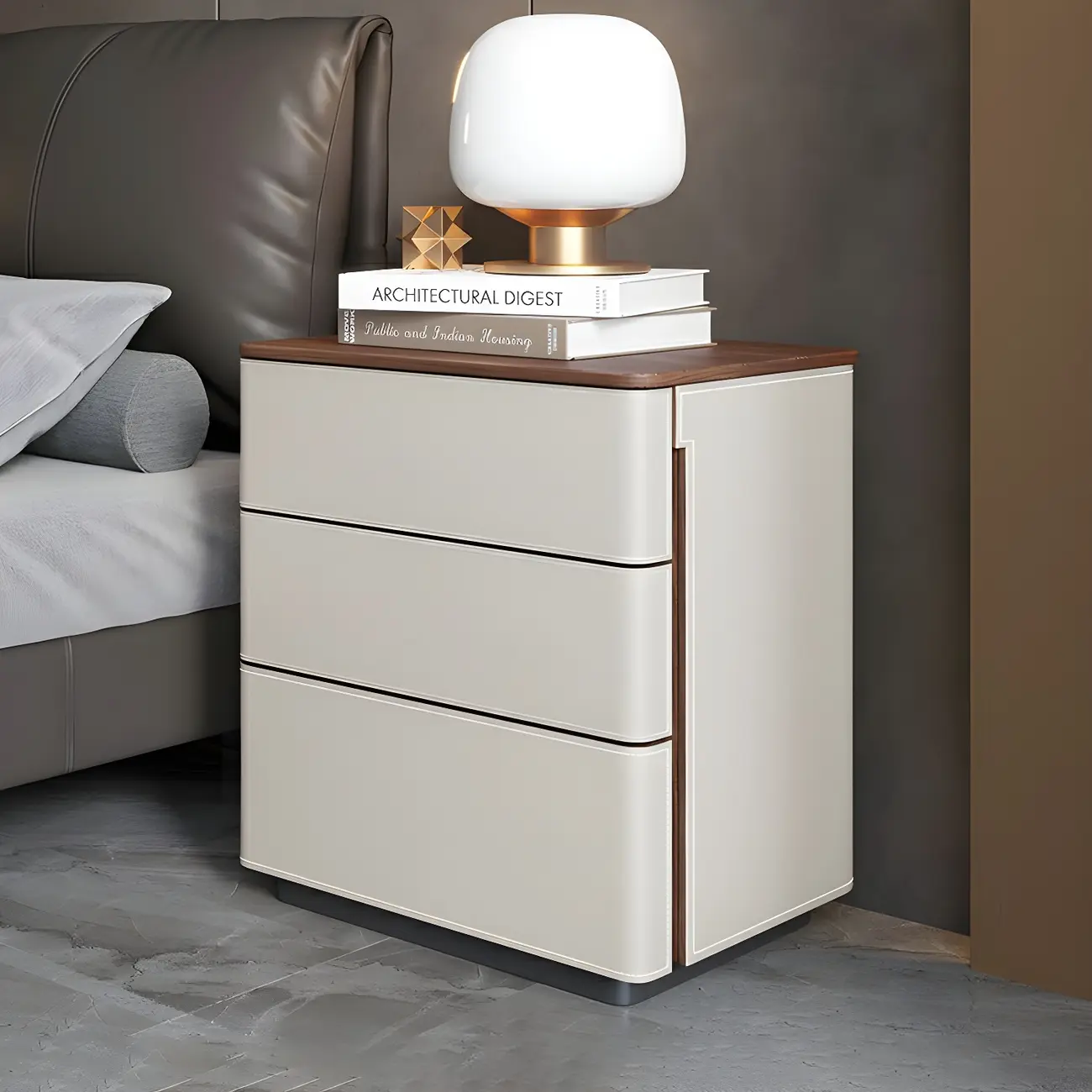 Modern Faux Leather Wood Top Drawers Nightstand Image - 29 | homeyfad