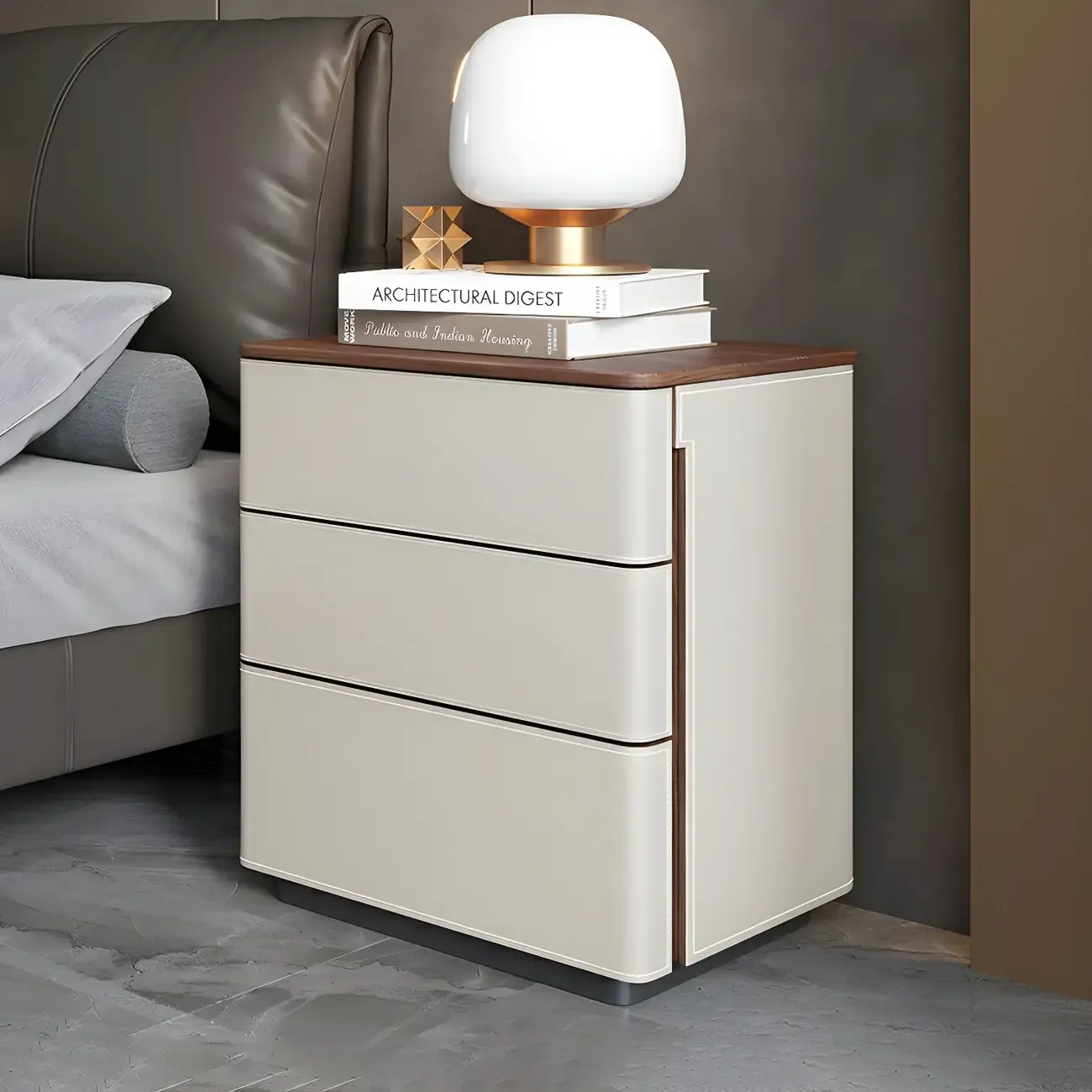 Modern Faux Leather Wood Top Drawers Nightstand Image - 29