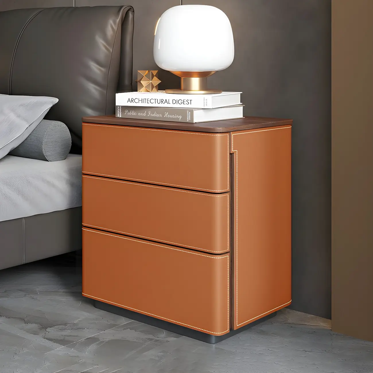 Modern Faux Leather Wood Top Drawers Nightstand Image - 31 | homeyfad