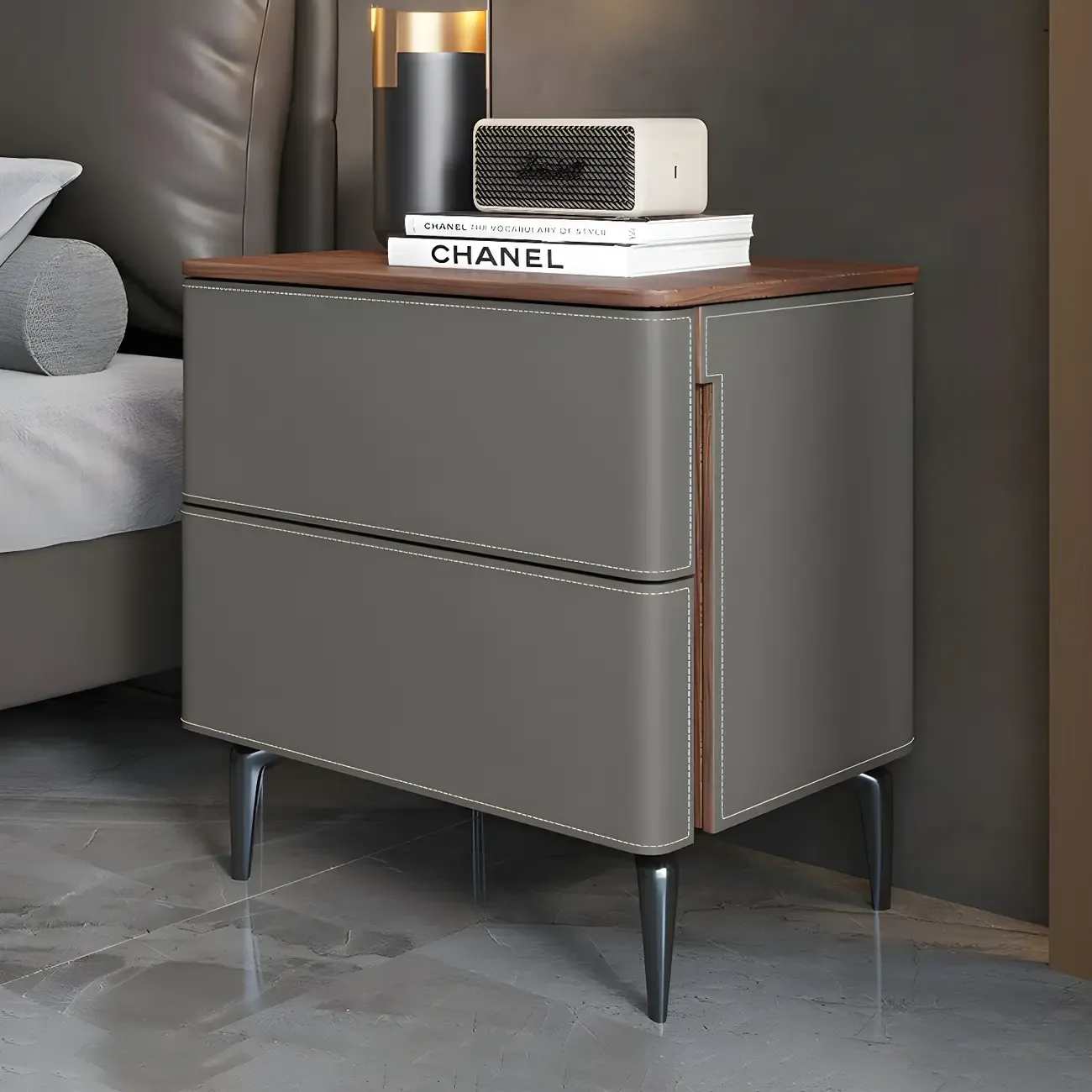 Modern Faux Leather Wood Top Drawers Nightstand Image - 33